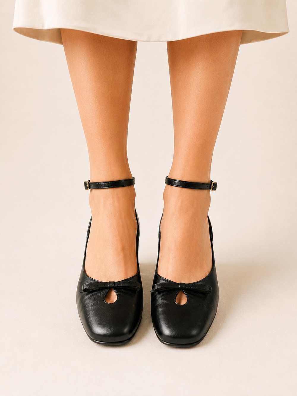 Nina Black Ankle Strap Square Toe Heels